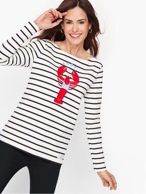Talbots Striped Long-Sleeve Top with Red Lobster Embroidered